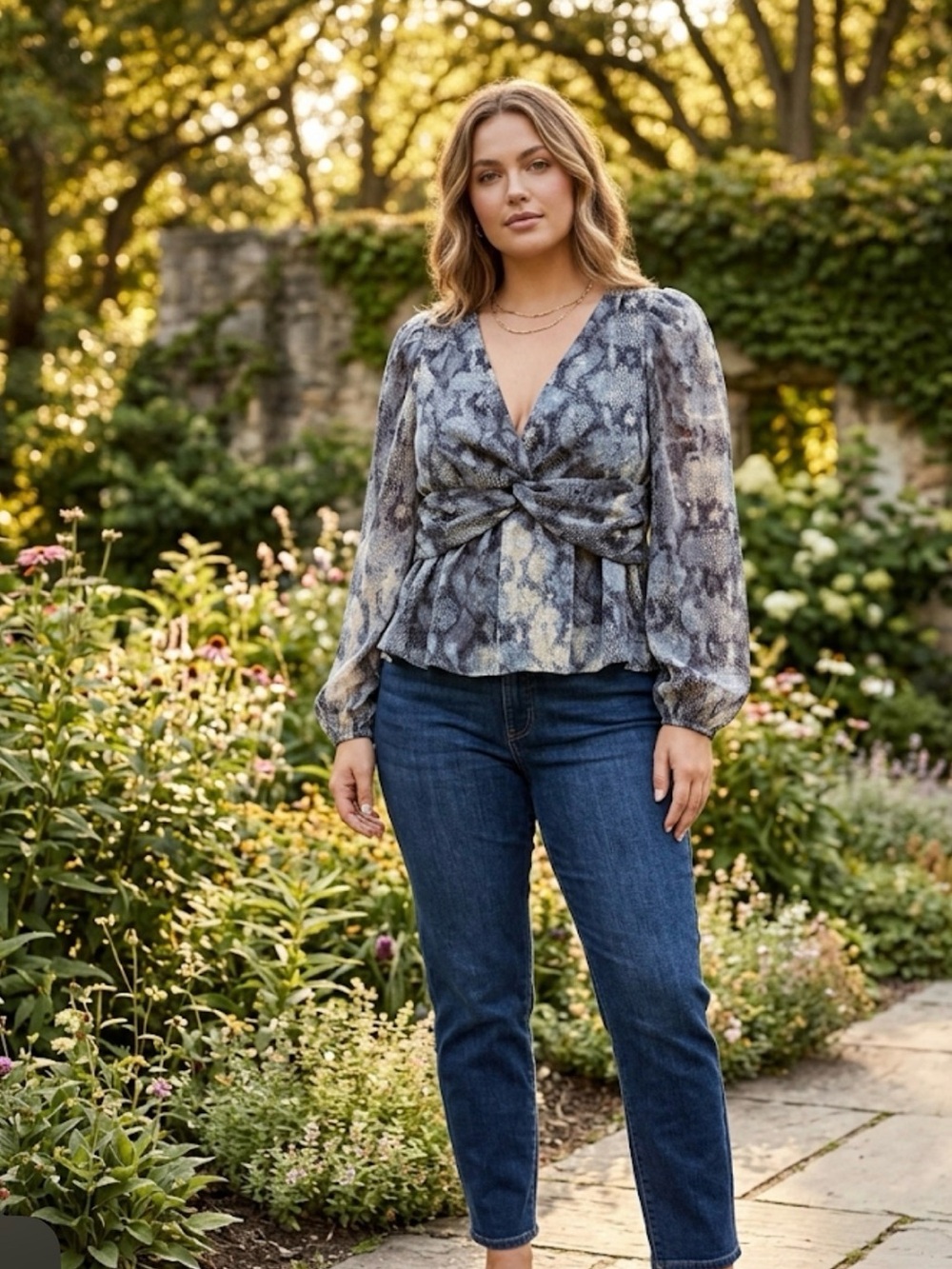 JOA Grey Dusty Blue Snake Print Sheer Long Sleeve Peplum Top / NWT / S / PTP-17”